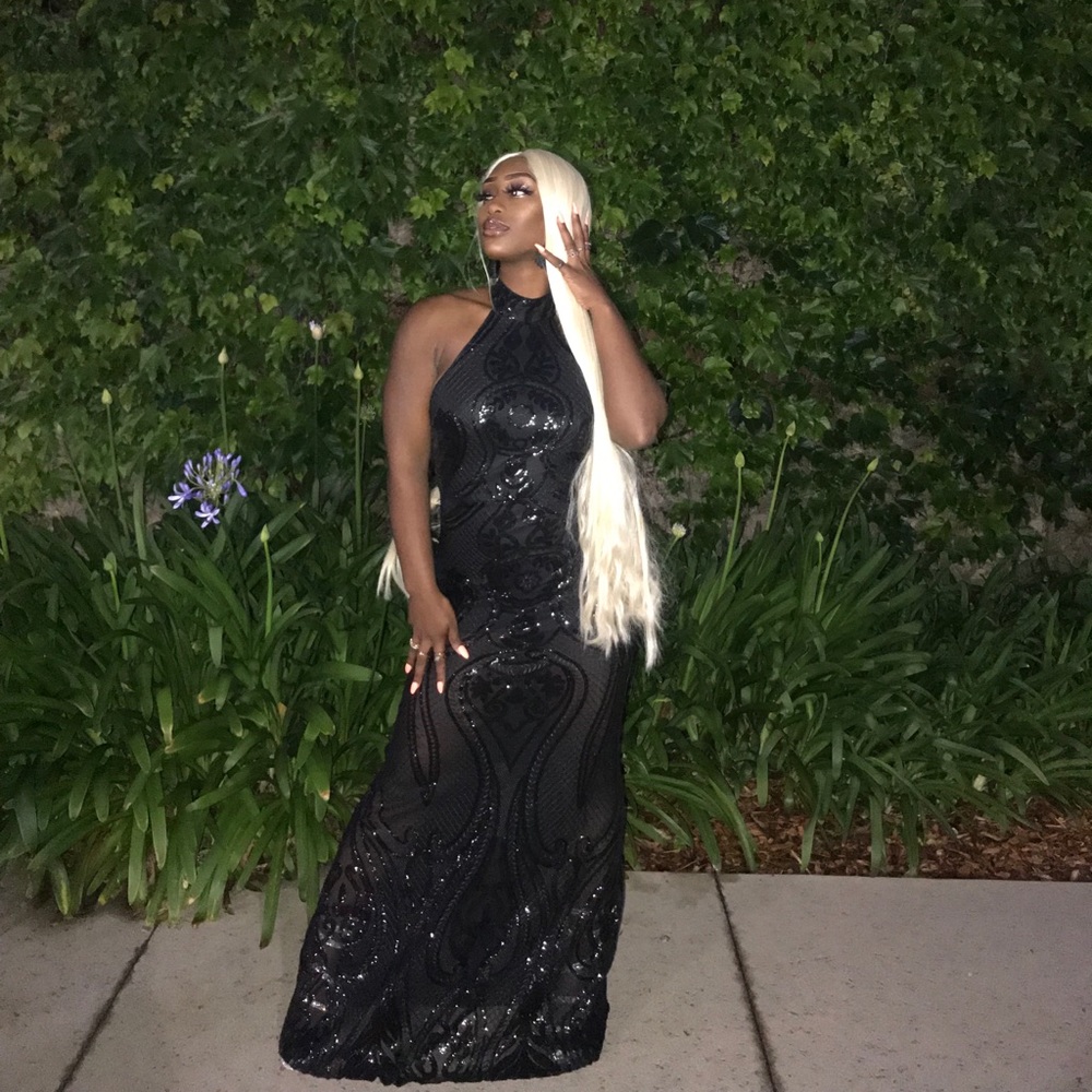 Sequined black halter dress